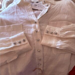 Cami NYC Cream Linen Button-Up with Jeweled Buttons